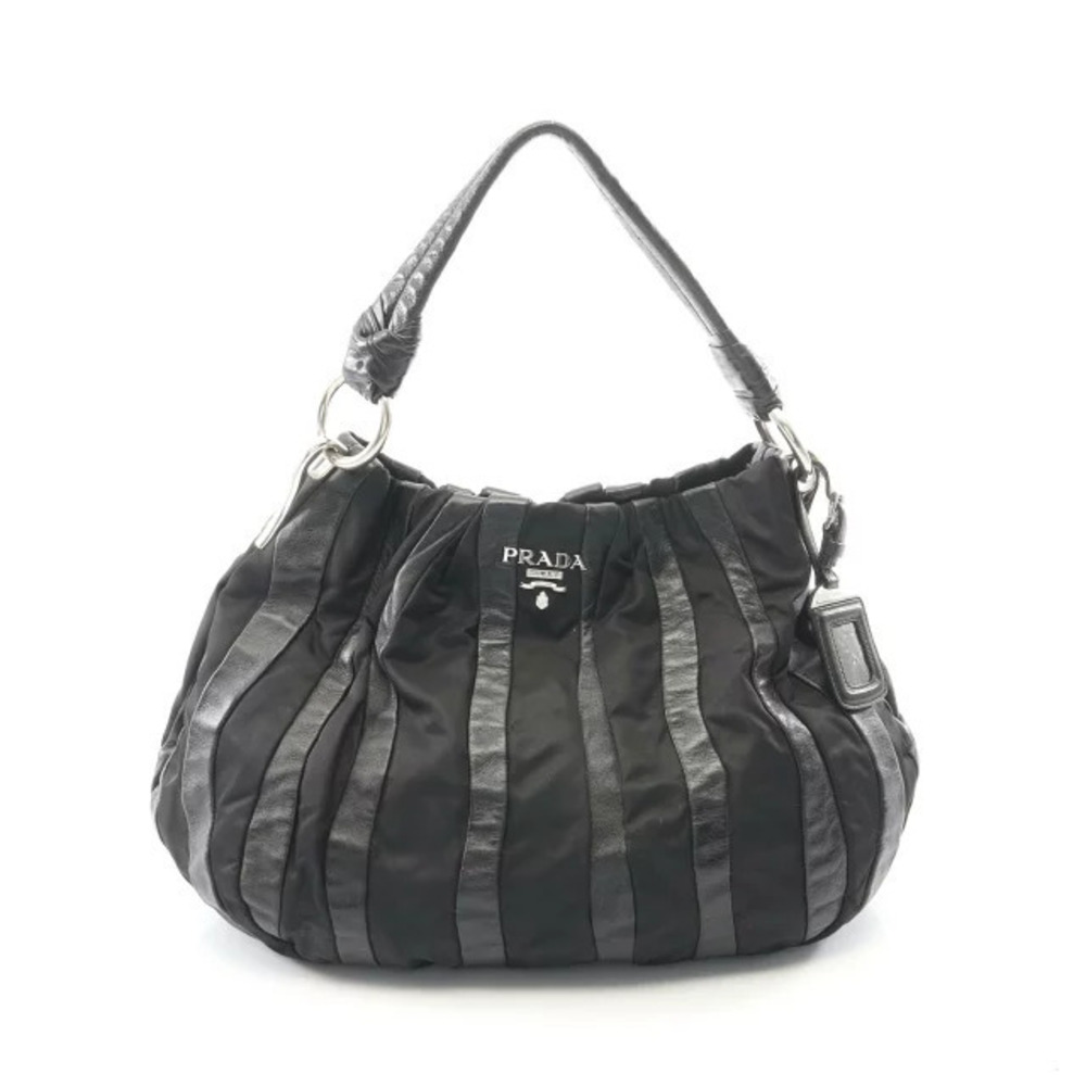 Prada Striped Handbag Leather Black